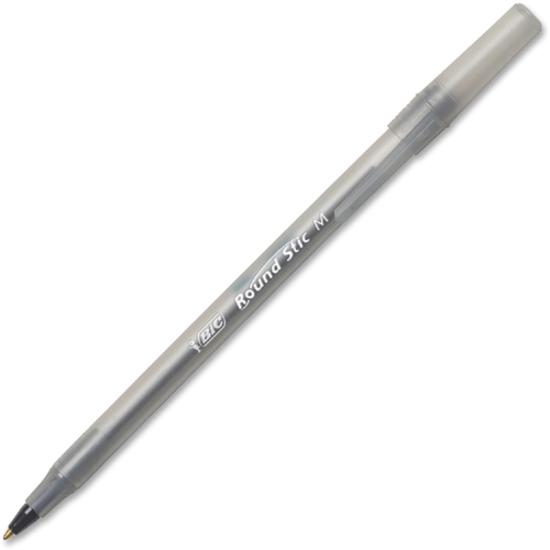 BIC Round Stic Ballpoint Pens - Medium Pen Point - Black - Black Barrel - Brass Tip - 60 / Box. Picture 3