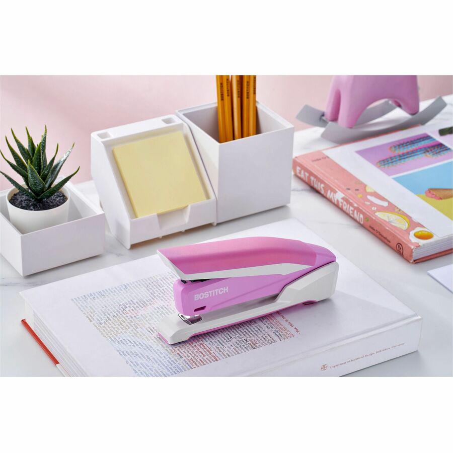 Bostitch InCourage Spring-Powered Antimicrobial Desktop Stapler - 20 of 20lb Paper Sheets Capacity - 210 Staple Capacity - Full Strip - 1 Each - Pink, White. Picture 14