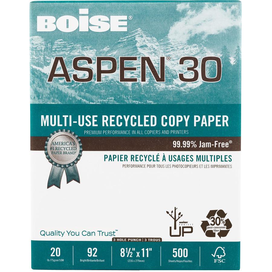 BOISE ASPEN 30% Recycled Multi-Use Copy Paper, 8.5" x 11" Letter, 3 Hole Punch, 92 Bright White, 20 lb., 10 Ream Carton (5,000 Sheets) - BOISE ASPEN 30% Recycled Multi-Use Copy Paper - Letter - 8 1/2". Picture 2