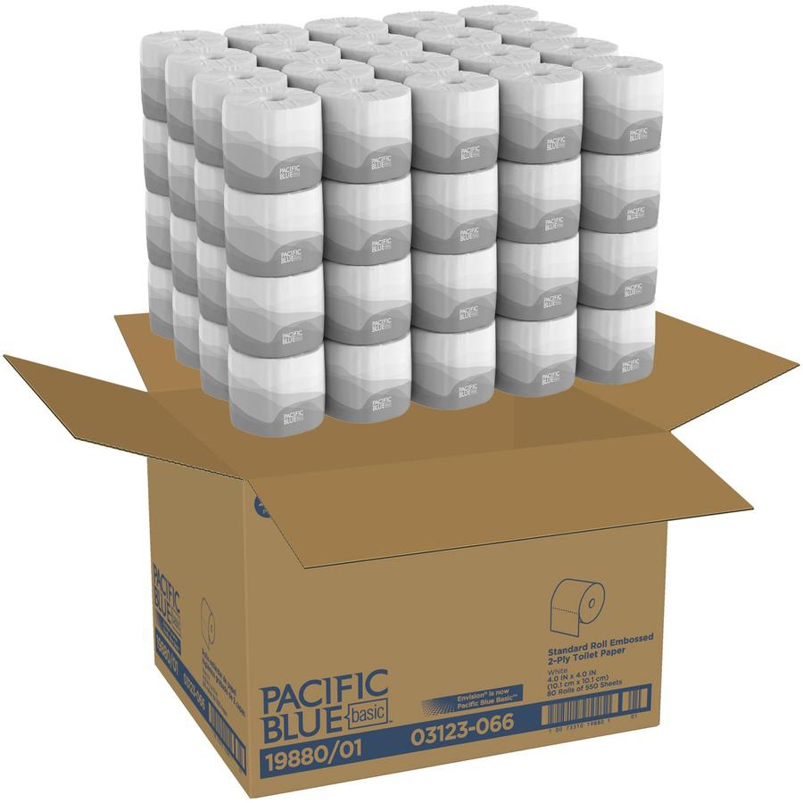 Pacific Blue Basic Standard Roll Embossed Toilet Paper - 2 Ply - 4.05" x 4" - 550 Sheets/Roll - White - Soft, Durable, Absorbent - For Office Building, Healthcare - 80 / Carton. Picture 5