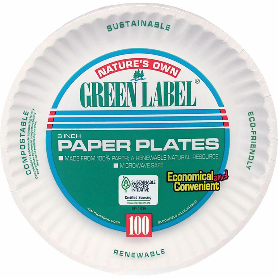AJM 6" Green Label Economy Paper Plates - 100 / Bag - Microwave Safe - 6" Diameter - White - Paper Body - 10 / Carton. Picture 8
