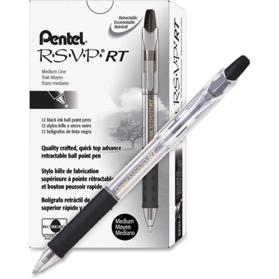 Pentel Recycled Retractable R.S.V.P. Pens - Medium Pen Point - 1 mm Pen Point Size - Refillable - Retractable - Black - Clear Barrel - Stainless Steel Tip - 1 Dozen. Picture 3