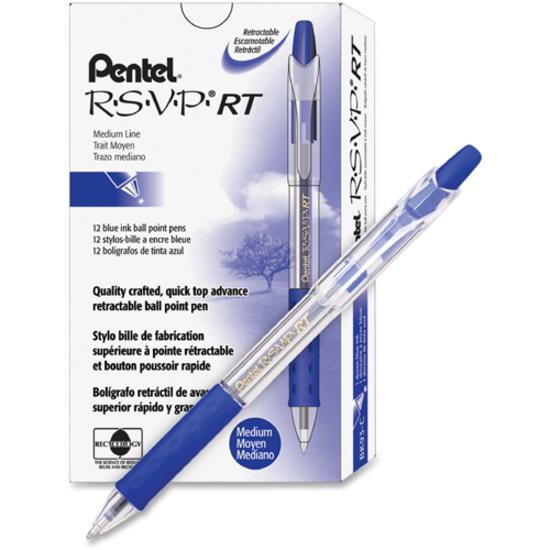 Pentel Recycled Retractable R.S.V.P. Pens - Medium Pen Point - 1 mm Pen Point Size - Refillable - Retractable - Blue - Clear Barrel - Stainless Steel Tip - 1 Dozen. Picture 2