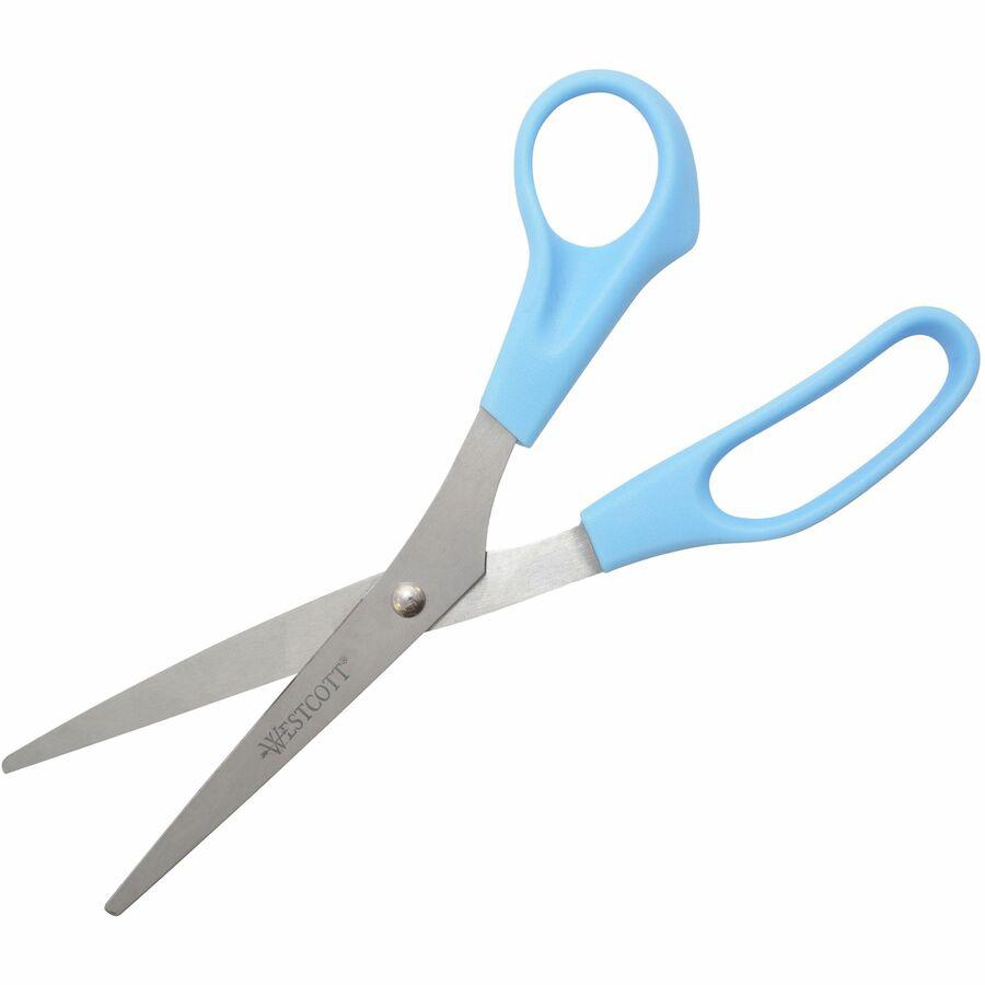 Westcott All Purpose 8" Stainless Steel Straight Scissors - 8" Overall Length - Straight-left/right - Stainless Steel - Pointed Tip - Blue - 1 Each. Picture 5
