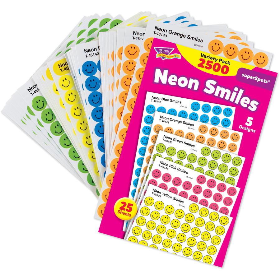 Trend superSpots Neon Smiles Stickers Variety Pack - Acid-free, Non-toxic - Neon Green, Neon Yellow, Neon Orange, Neon Blue, Neon Pink - 2500 / Pack. Picture 3