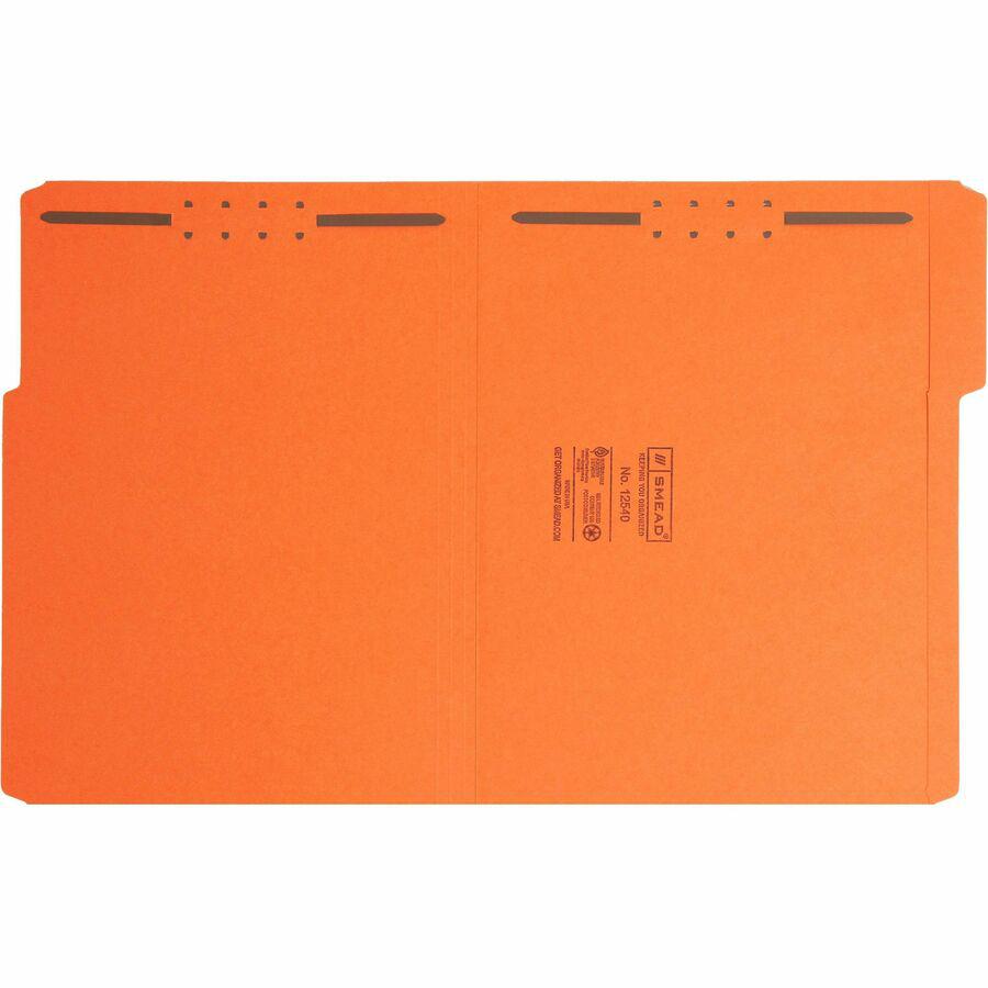 Smead 12540 1/3 Tab Cut Letter Recycled Fastener Folder - 8 1/2" x 11" - 2 x 2K Fastener(s) - 2" Fastener Capacity for Folder - Top Tab Location - Assorted Position Tab Position - Orange - 10% Recycle. Picture 10