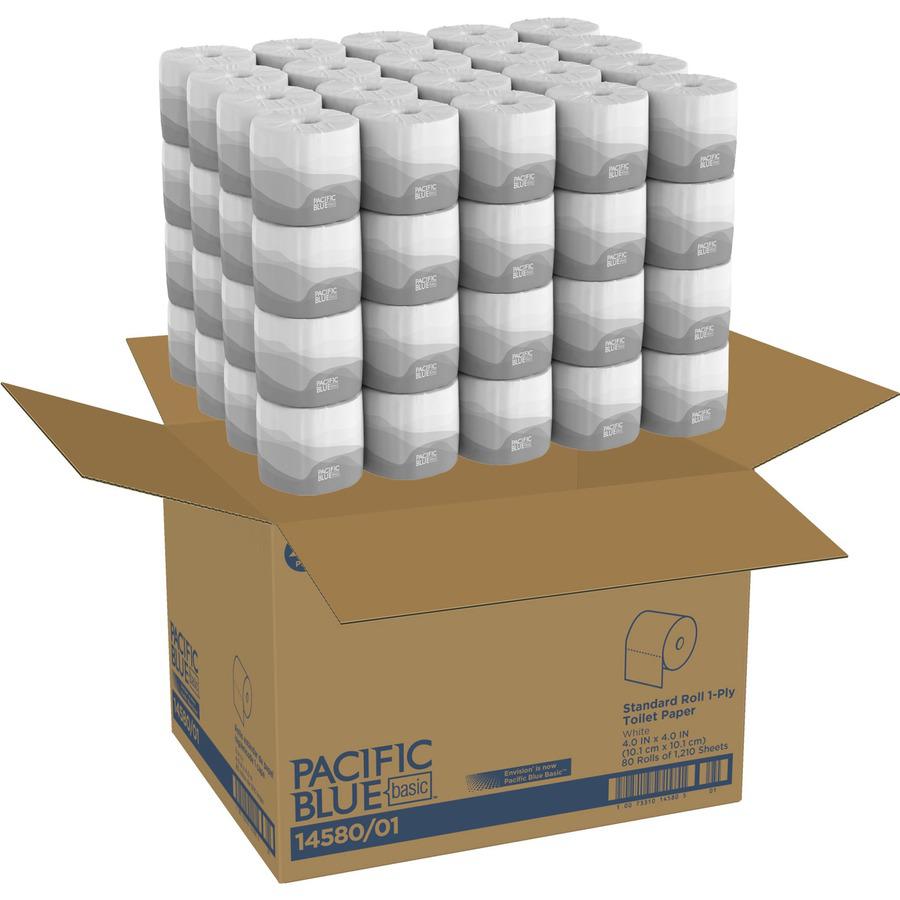 Pacific Blue Basic Basic Standard Roll Toilet Paper by GP Pro - 1 Ply - 4" x 4.05" - 1210 Sheets/Roll - White - 80 / Carton. Picture 5