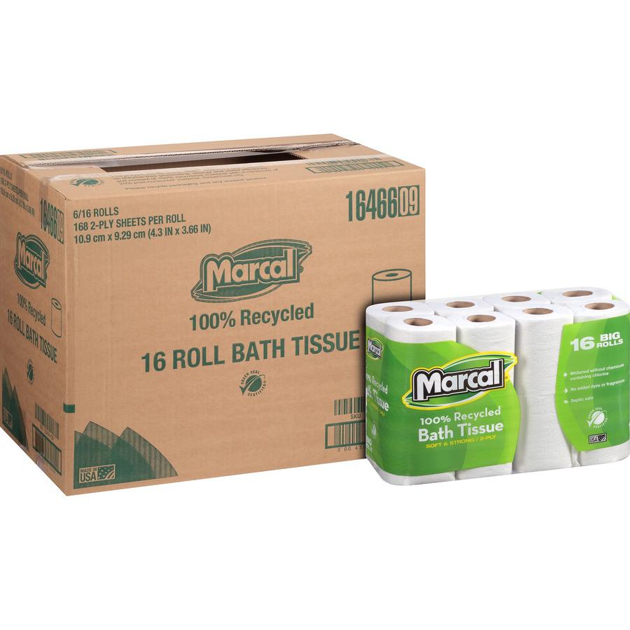 Marcal 100% Recycled Soft/Strong Bath Tissue - 2 Ply - 4.20" x 3.60" - 168 Sheets/Roll - White - Hypoallergenic, Septic Safe, Strong, Soft - For Bathroom - 16 Rolls Per Pack - 1 Each. Picture 5