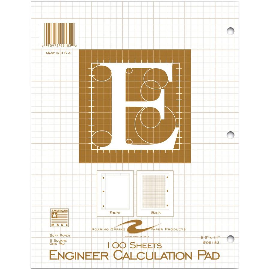 Roaring Spring 5x5 Grid Engineering Pad - 100 Sheets - 200 Pages - Printed - Glued - Back Ruling Surface - 3 Hole(s) - 20 lb Basis Weight - 75 g/m&#178; Grammage - 11" x 8 1/2" - 0.40" x 8.5" x 11" - . Picture 3