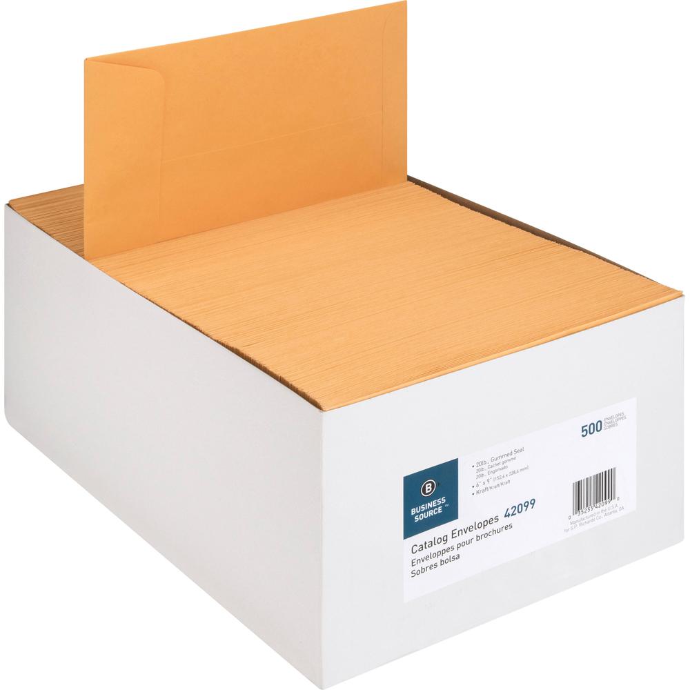 Business Source Durable Kraft Catalog Envelopes - Catalog - 6" Width x 9" Length - 24 lb - Gummed - Kraft - 500 / Box - Kraft. Picture 11