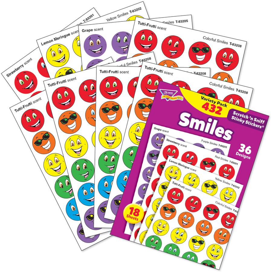 Trend Smiles Stinky Stickers Variety Pack - Scented, Acid-free, Non-toxic, Photo-safe - Red, Yellow, Purple, Orange, Green, Blue - 432 / Pack. Picture 3
