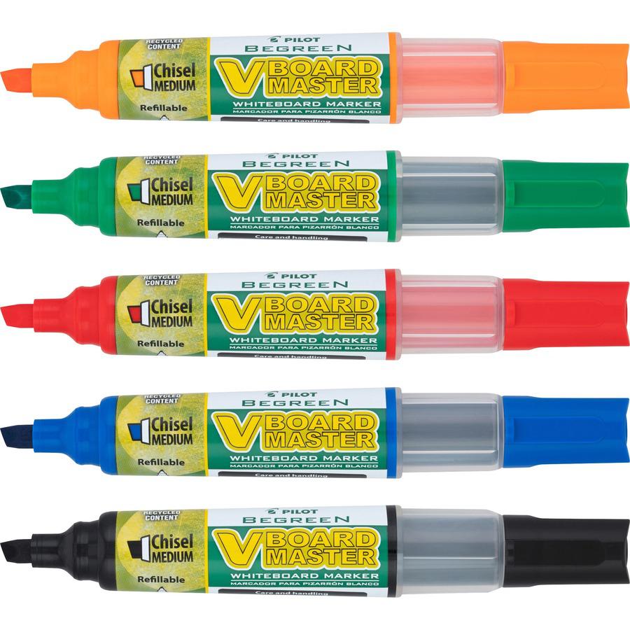 Pilot BeGreen Refillable VBoard Dry-erase Marker - Broad Marker Point - Chisel Marker Point Style - Refillable - Orange, Green, Blue, Black, Red - 5 / Pack. Picture 2