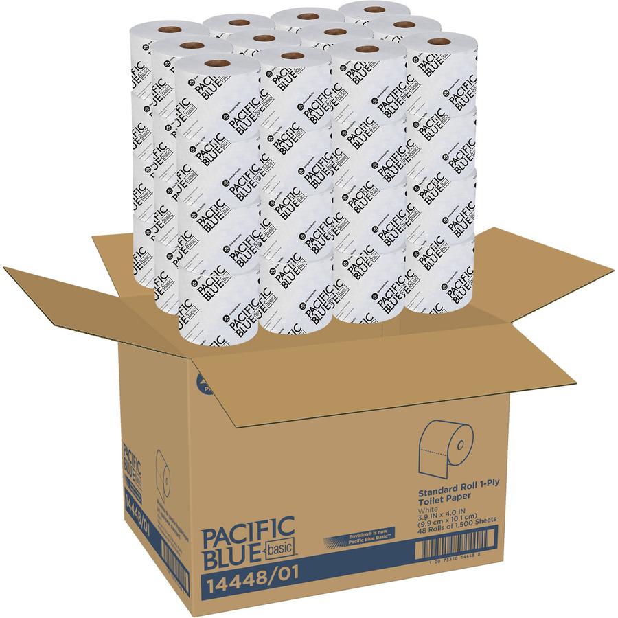 Pacific Blue Basic Standard Roll Toilet Paper - 1 Ply - 3.90" x 4" - 1500 Sheets/Roll - White - 48 / Carton. Picture 5