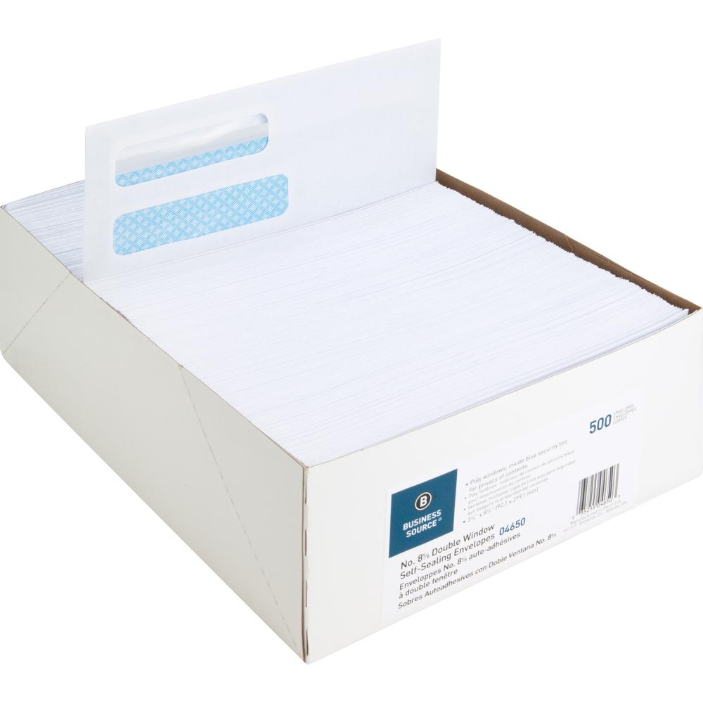 Business Source Double Window No. 8-5/8 Check Envelopes - Double Window - #8 5/8 - 8 5/8" Width x 3 5/8" Length - 24 lb - Self-sealing - 500 / Box - White. Picture 12