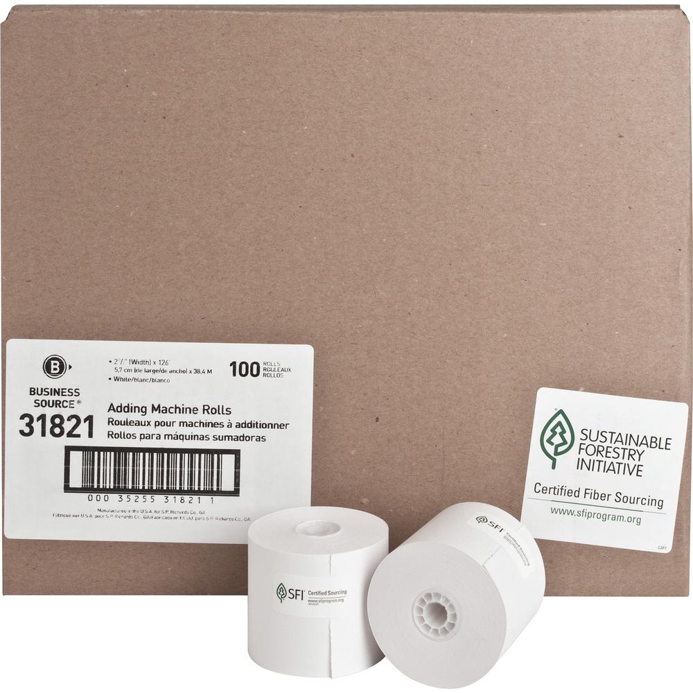 Business Source 1-Ply 126' Adding Machine Paper Rolls - 2 1/4" x 126 ft - 100 / Carton - Sustainable Forestry Initiative (SFI) - Lint-free - White. Picture 3