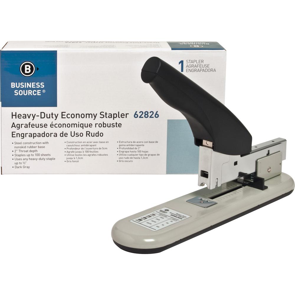Business Source Economy Heavy-duty Stapler - 100 Sheets Capacity - 1/2" Staple Size - 1 Each - Black, Putty. Picture 11
