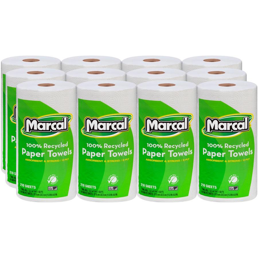 Marcal 100% Recycled, Jumbo Roll Paper Towels - 2 Ply - 11" x 9" - 210 Sheets/Roll - White - Fiber Paper - 12 / Carton. Picture 3