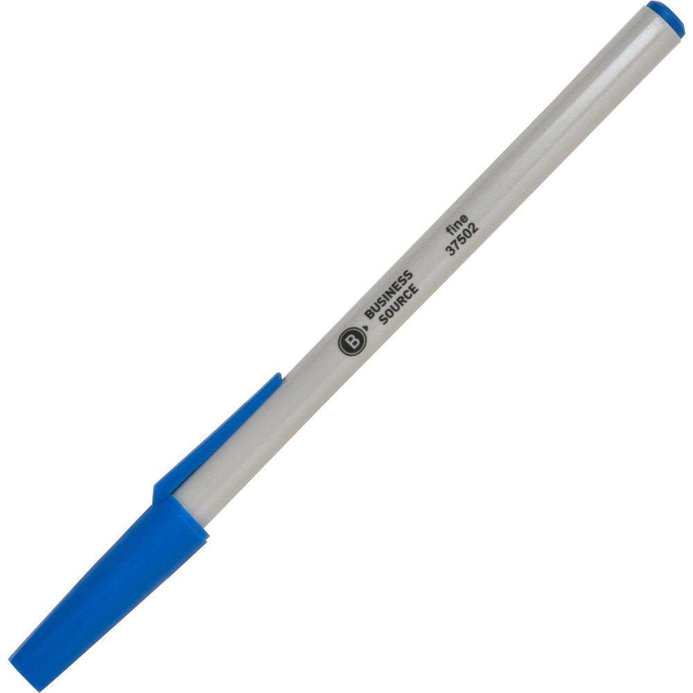 Business Source Fine Point Ballpoint Stick Pens - Fine Pen Point - Blue - Light Gray Barrel - Stainless Steel Tip - 1 Dozen. Picture 4