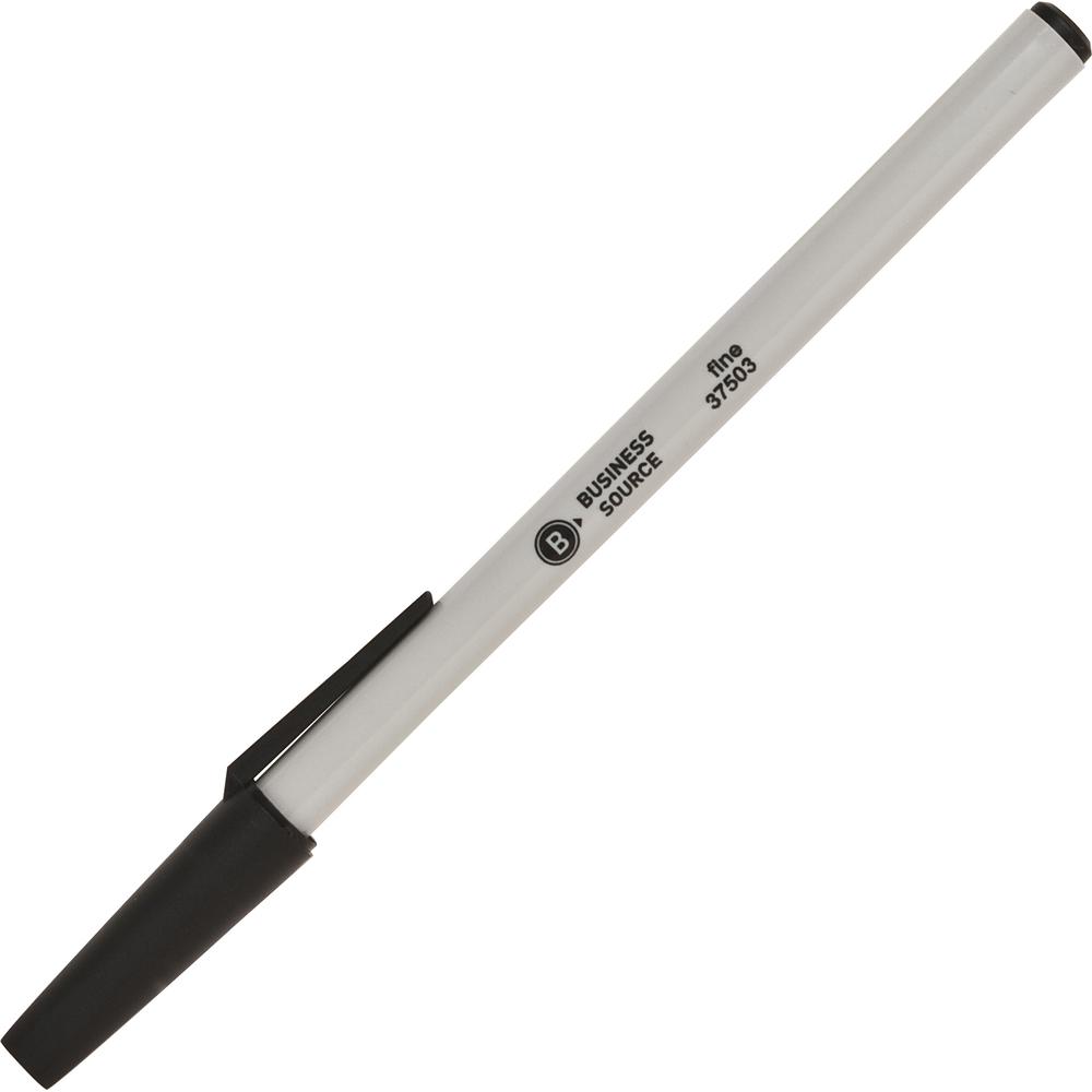 Business Source Fine Point Ballpoint Stick Pens - Fine Pen Point - Black - Light Gray Barrel - Stainless Steel Tip - 1 Dozen. Picture 4
