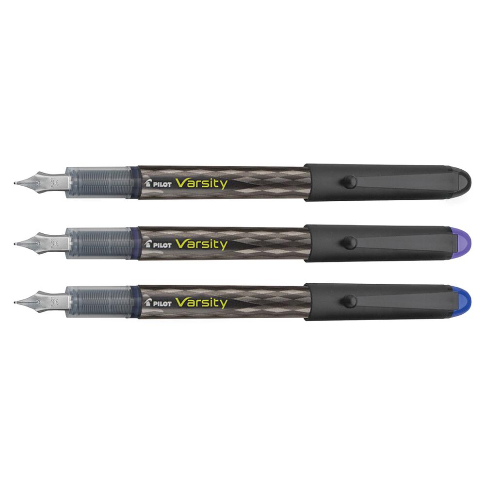 Pilot Varsity Disposable Fountain Pens - Medium Pen Point - Black, Blue, Purple - Black Barrel - 3 / Pack. Picture 3