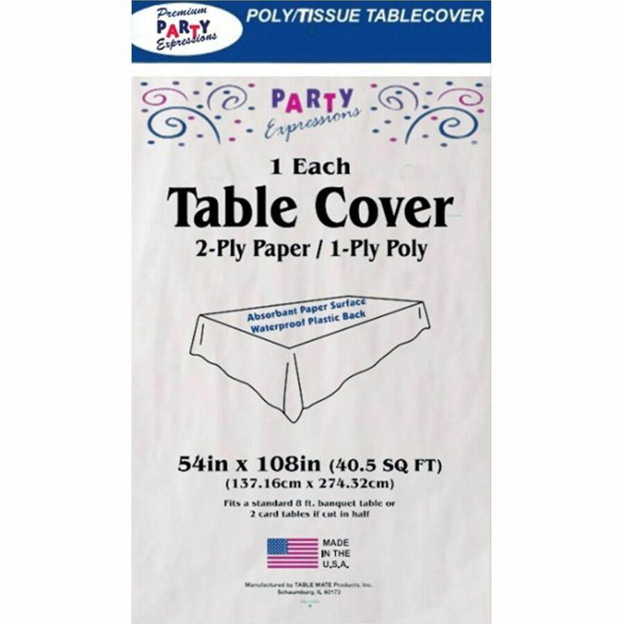 Tablemate Table Set Poly Tissue Table Cover - 108" Length x 54" Width - Poly, Tissue - White - 6 / Pack. Picture 6