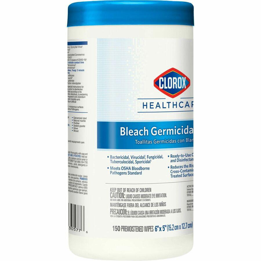 Clorox Healthcare Bleach Germicidal Wipes - For Multipurpose - Ready-To-Use - 5" Length x 6" Width - 150 / Canister - 1 Each - Disinfectant, Non-irritating, Anti-bacterial, Odorless - White. Picture 18