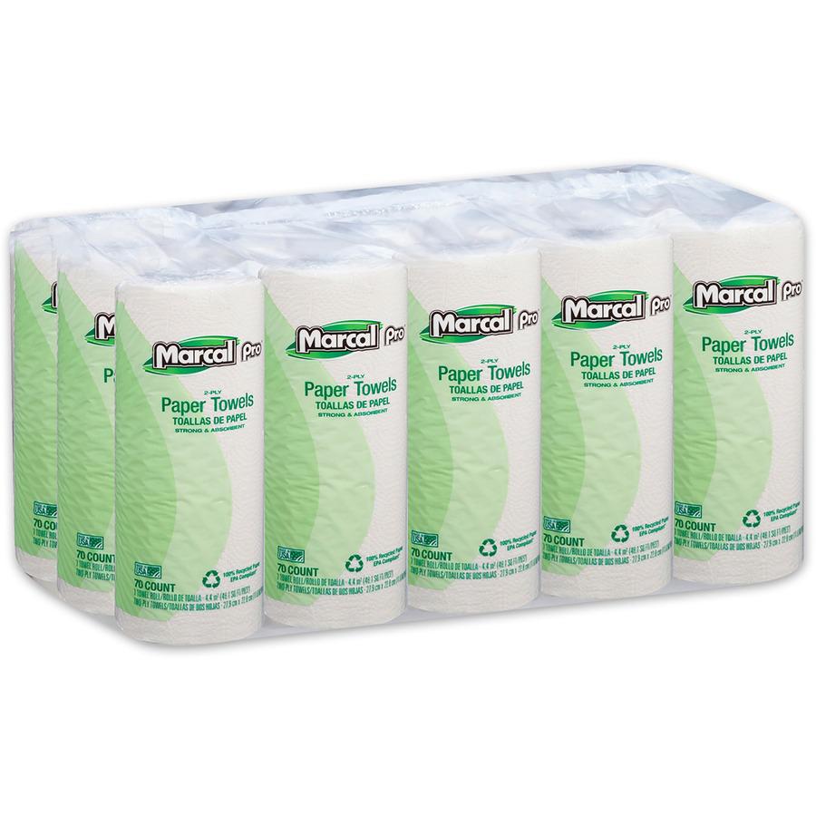 Marcal Pro 100% Recycled Paper Towels - 2 Ply - 70 Sheets/Roll - White - Paper - 15 / Carton. Picture 2