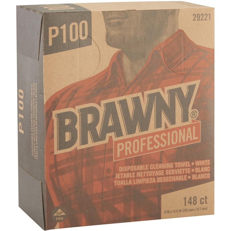 Brawny&reg; Professional P100 Disposable Cleaning Towels - 12.50" Length x 8" Width - 148 / Box - 20 / Carton - Absorbent, Strong, Streak-free, Durable - White. Picture 4