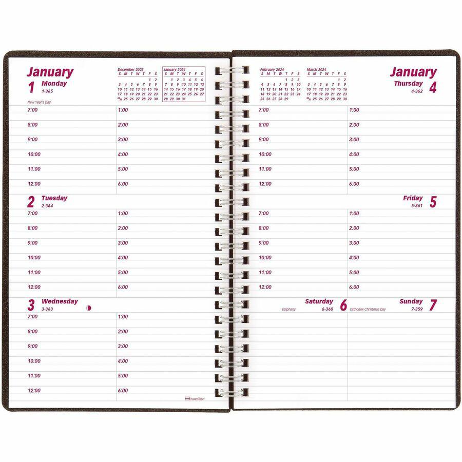 Brownline DuraFlex Weekly Appointment Book - Julian Dates - Weekly - 12 Month - January 2024 - December 2024 - 7:00 AM to 6:00 PM - Hourly - 1 Week Double Page Layout - 5" x 8" Sheet Size - Twin Wire . Picture 10