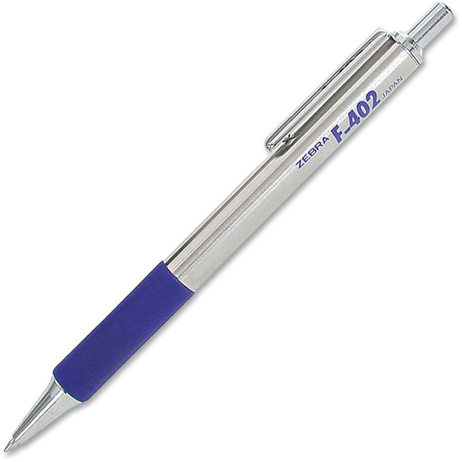 Zebra STEEL 4 Series F-402 Retractable Ballpoint Pen - Fine Pen Point - 0.7 mm Pen Point Size - Refillable - Retractable - Blue - Stainless Steel Barrel - 2 / Pack. Picture 3