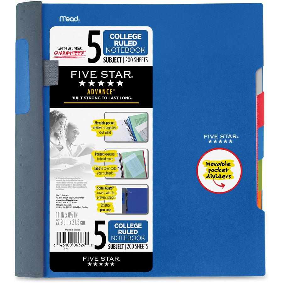 Mead College Ruled Subject Notebooks - 200 Pages - Spiral - 11" x 10.2" - AssortedPlastic Cover - Tab, Divider, Durable, Subject, Snag Resistant, Expandable Pocket, Pen Loop - 1 Each. Picture 3