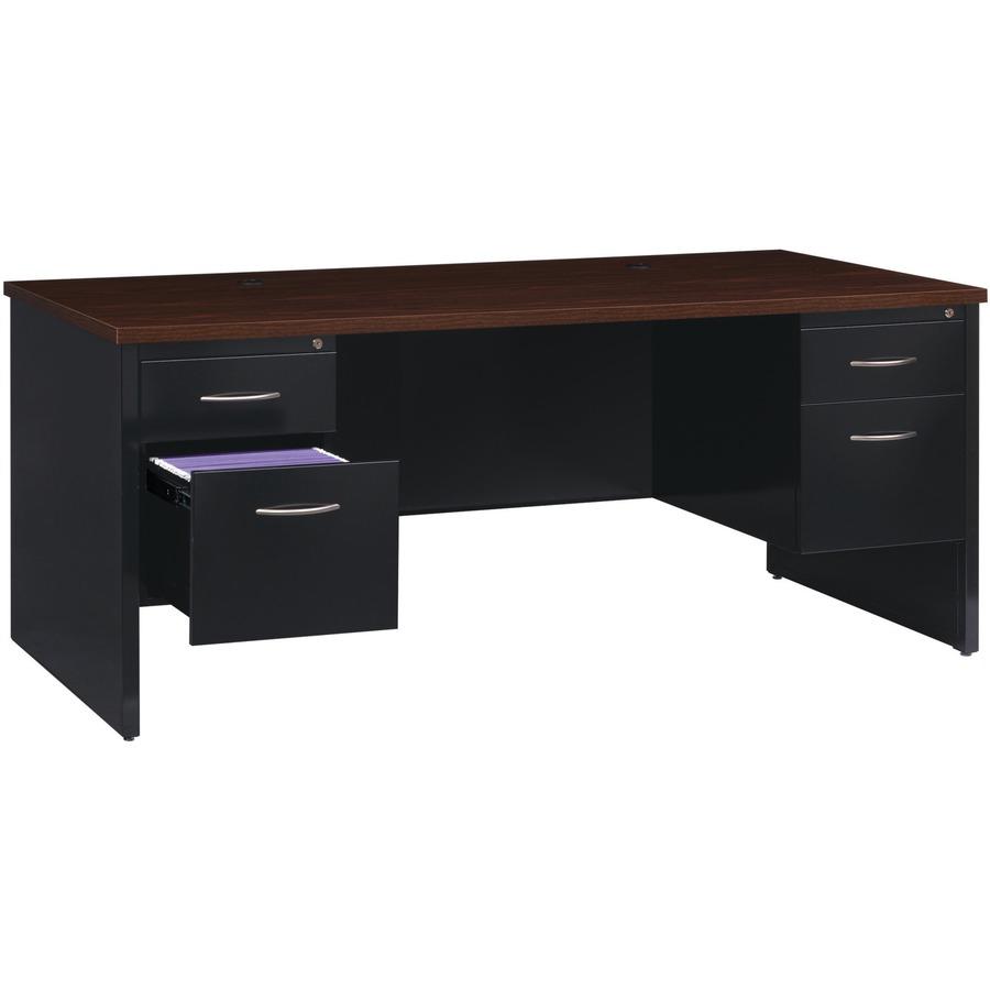 Lorell Fortress Modular Series Double-Pedestal Desk - 72" x 36" , 1.1" Top - 2 x Box, File Drawer(s) - Double Pedestal - Material: Steel - Finish: Walnut Laminate, Black - Scratch Resistant, Stain Res. Picture 13