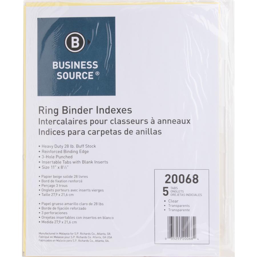 Business Source Buff Stock Ring Binder Indexes - 5 x Divider(s) - Blank Tab(s) - 5 Tab(s)/Set2" Tab Width - 8.5" Divider Width x 11" Divider Length - Letter - 3 Hole Punched - Buff Buff Paper Divider . Picture 8