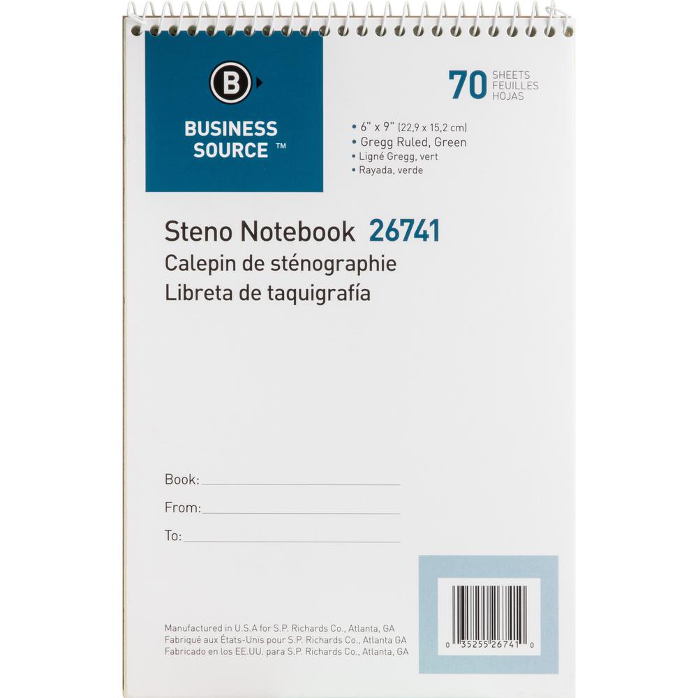 Business Source Steno Notebook - 70 Sheets - Wire Bound - Gregg Ruled Margin - 15 lb Basis Weight - 6" x 9" - Green Paper - Stiff-back - 12 / Pack. Picture 5