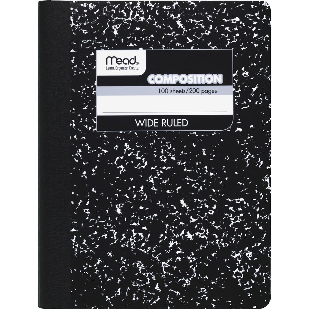 Mead Wide Ruled Composition Notebook - 100 Sheets - Sewn - 7 1/2" x 9 3/4" - White Paper - Black Marble Cover - 12 / Carton. Picture 2