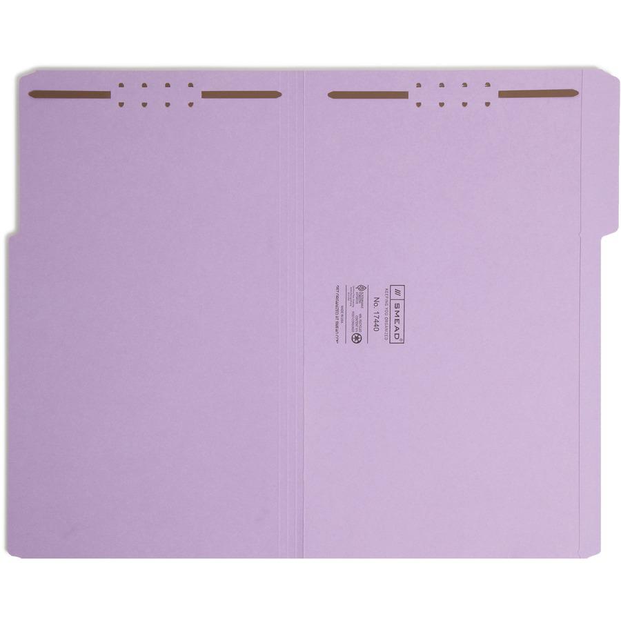 Smead 1/3 Tab Cut Legal Recycled Fastener Folder - 8 1/2" x 14" - 2 Fastener(s) - Top Tab Location - Assorted Position Tab Position - Lavender - 10% Recycled - 50 / Box. Picture 14