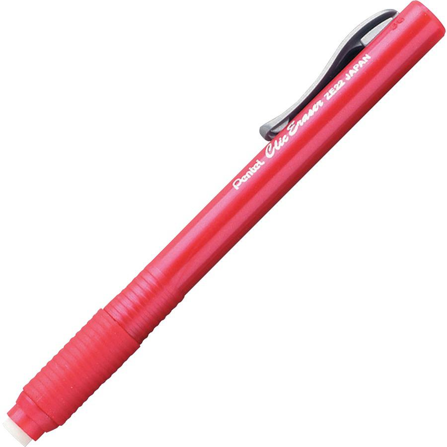 Pentel Rubber Grip Clic Eraser - Red - Pen - Refillable - 12 / Box - Retractable, Latex-free Grip, Pocket Clip, Ghost Resistant, Non-abrasive. Picture 3