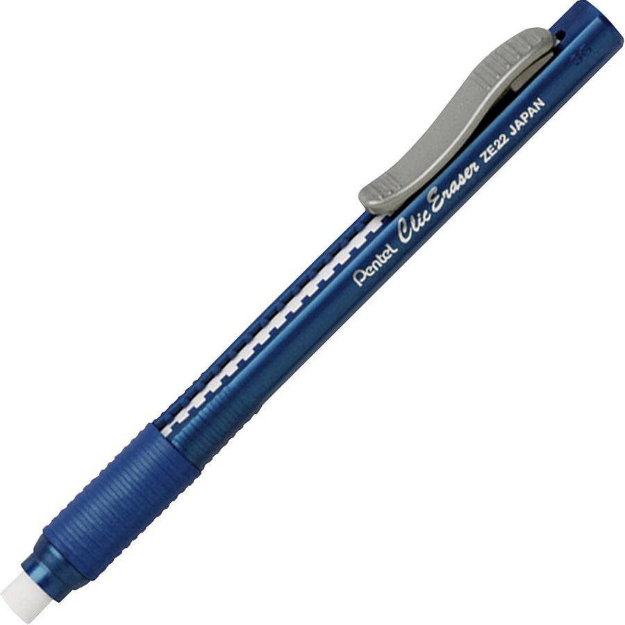 Pentel Rubber Grip Clic Eraser - Blue - Pen - Refillable - 12 / Box - Retractable, Latex-free Grip, Pocket Clip, Ghost Resistant, Non-abrasive. Picture 3