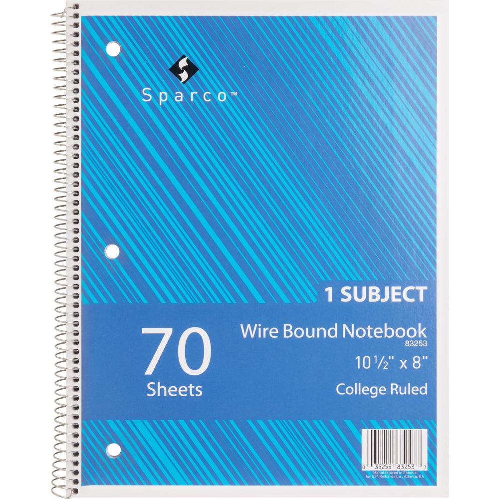 Sparco Wirebound Notebooks - 70 Sheets - Wire Bound - College Ruled - Unruled Margin - 16 lb Basis Weight - 8" x 10 1/2" - AssortedChipboard Cover - Subject, Stiff-cover, Stiff-back, Perforated, Hole-. Picture 6