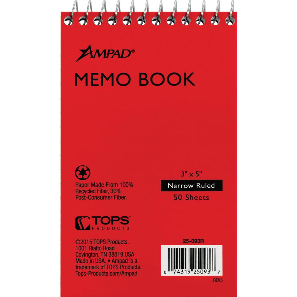 Ampad Topbound Memo Notebooks - 50 Sheets - Wire Bound - 3" x 5" - White Paper - AssortedPressboard Cover - Rigid, Mediumweight - Recycled - 5 / Bundle. Picture 4