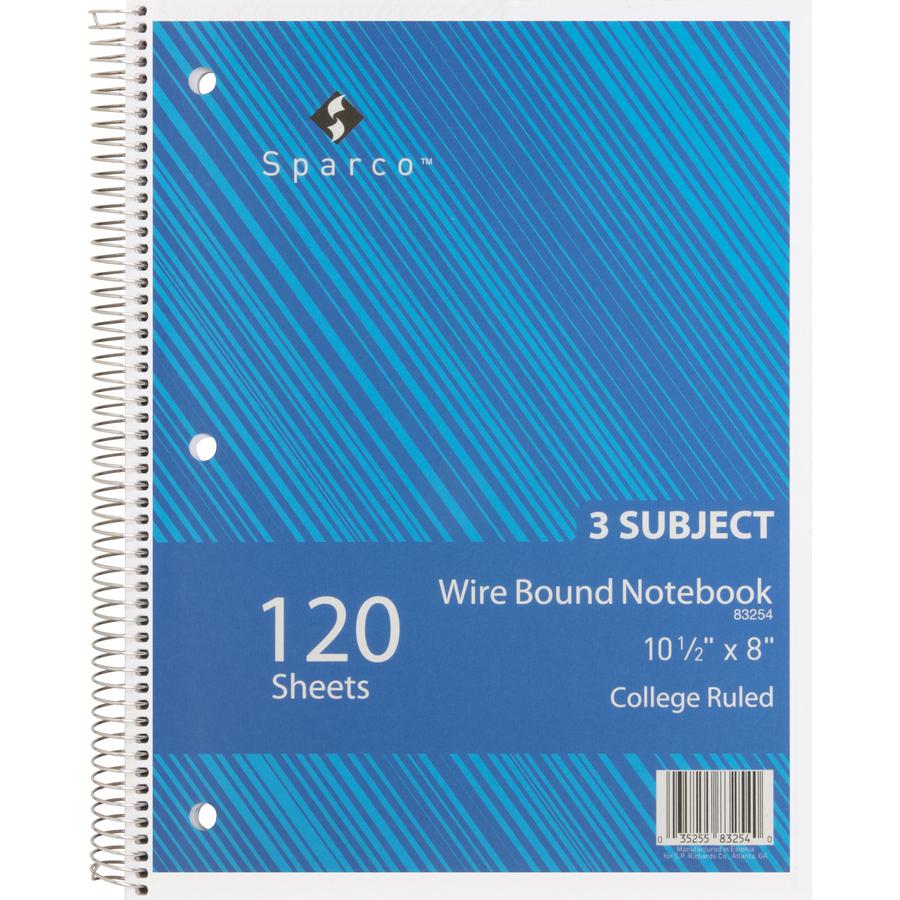 Sparco Wire Bound College Ruled Notebook - 120 Sheets - Wire Bound - College Ruled - Unruled Margin - 16 lb Basis Weight - 8" x 10 1/2" - Assorted Paper - AssortedChipboard Cover - Resist Bleed-throug. Picture 7