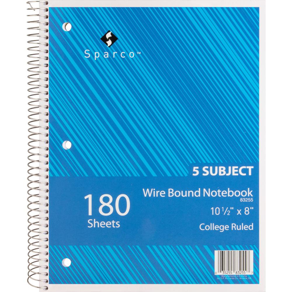 Sparco Wirebound College Ruled Notebooks - 180 Sheets - Wire Bound - College Ruled - Unruled Margin - 8" x 10 1/2" - Assorted Paper - AssortedChipboard Cover - Resist Bleed-through, Subject, Stiff-bac. Picture 5