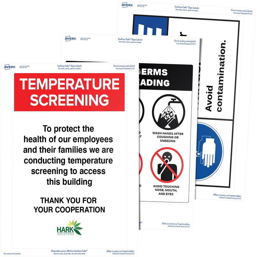 Avery&reg; 7"x10" Removable Label Safety Signs - 7" Width x 10" Length - Removable Adhesive - Rectangle - Laser, Inkjet - White - Film - 1 / Sheet - 15 Total Sheets - 15 / Pack - Water Resistant. Picture 5