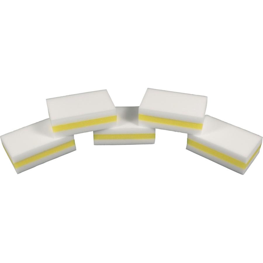 Genuine Joe Dual-Sided Melamine Eraser Amazing Sponges - 4.5" Height x 4.5" Width x 2.8" Depth - 5/Pack - Cellulose - White, Yellow. Picture 4