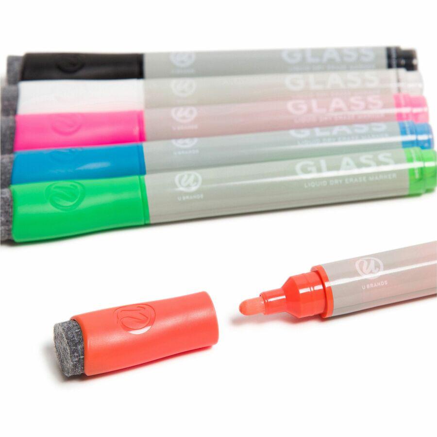 U Brands Liquid Glass Board Dry Erase Markers with Erasers, Low Odor, Bullet Tip, Assorted Colors, 12-Count - 2913U00-12 - Medium Marker Point - Bullet Marker Point Style - Assorted Liquid Ink - Gray . Picture 6