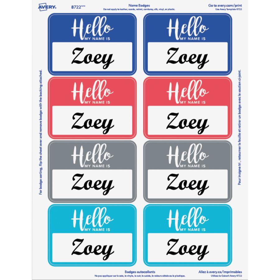 Avery&reg; Self-Adhesive Name Tags - "Hello My Name Is" - 11" Height x 8 1/2" Width - Removable Adhesive - Rectangle - Laser, Inkjet - White - Film - 8 / Sheet - 15 Total Sheets - 120 Total Label(s) -. Picture 4