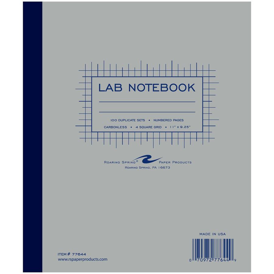 Roaring Spring Carbonless Lab Notebook - 200 Sheets - 400 Pages - Printed - Stapled/Tapebound - Front Ruling Surface - 15 lb Basis Weight - 56 g/m&#178; Grammage - 11" x 9 1/4" - 0.75" x 9.3" x 11" - . Picture 3