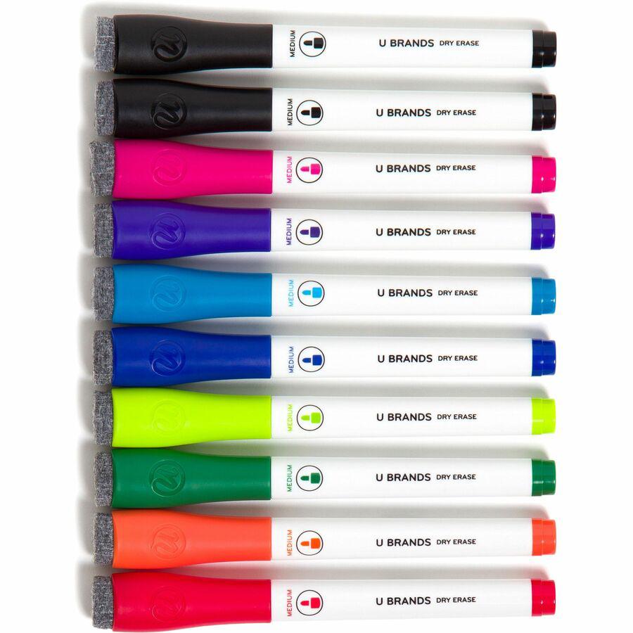 U Brands Dry Erase Marker - Medium Marker Point - Tapered Marker Point Style - Black, Blue, Light Blue, Purple, Pink, Red, Light Green, Dark Green, Orange - White Plastic Barrel - 10 / Pack. Picture 5