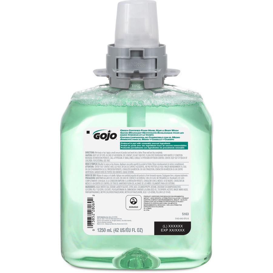 Gojo&reg; FMX-12 Refill Green Certified Hair/Body Wash - Cucumber Melon Scent - 42.3 fl oz (1250 mL) - Kill Germs - Body, Hair - Green - Residue-free - 4 / Carton. Picture 3