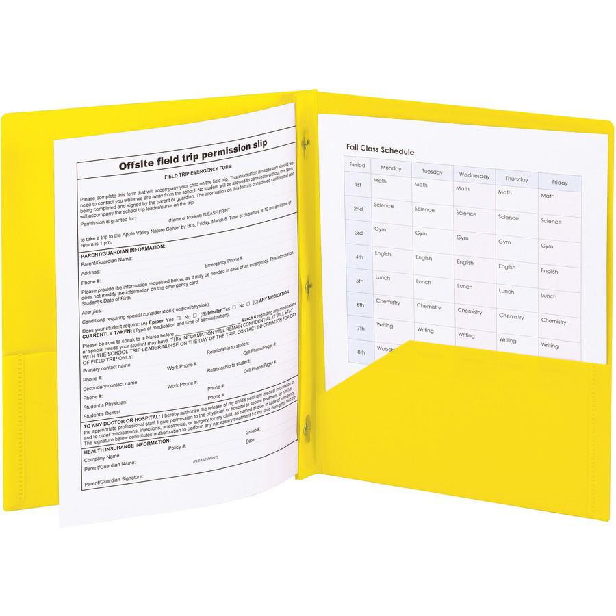 Smead Letter Fastener Folder - 8 1/2" x 11" - 180 Sheet Capacity - 2 x Double Tang Fastener(s) - 2 Inside Back Pocket(s) - Polypropylene - Yellow - 72 / Carton. Picture 3